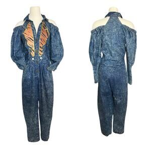 Oriental imports Suna Dee vintage acid wash denim jumpsuit embellished Oversized